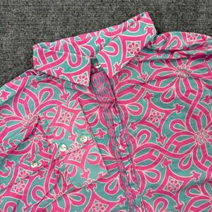Gretchen Scott Shirt Large Pink Teal Medallion Button Down Long Sleeve Women's